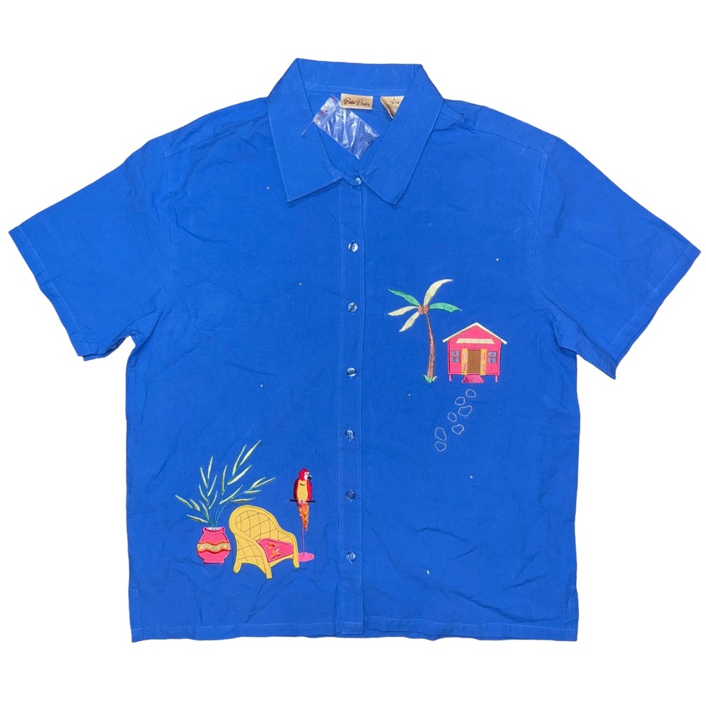 Vintage Blue Tropical Embroidered Shirt Coastal‎ Grandmother Granny Grandmacore